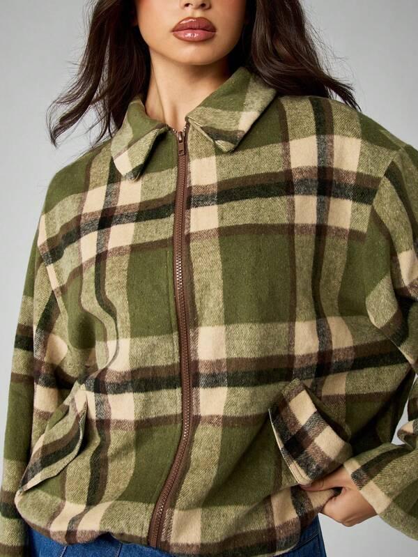 MISSGUIDED Plaid Fleece Bomber Jacket With Zip Front