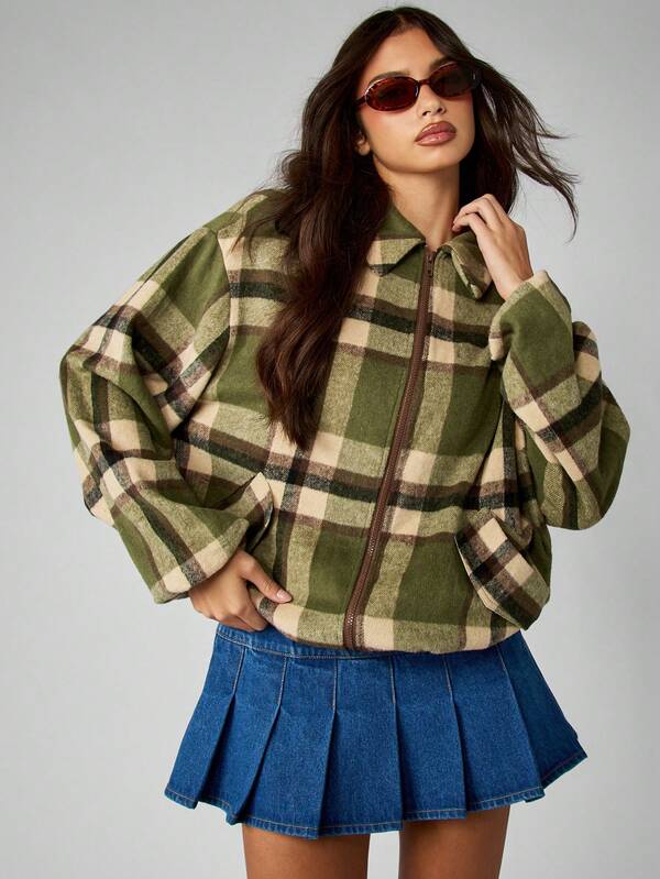 MISSGUIDED Plaid Fleece Bomber Jacket With Zip Front