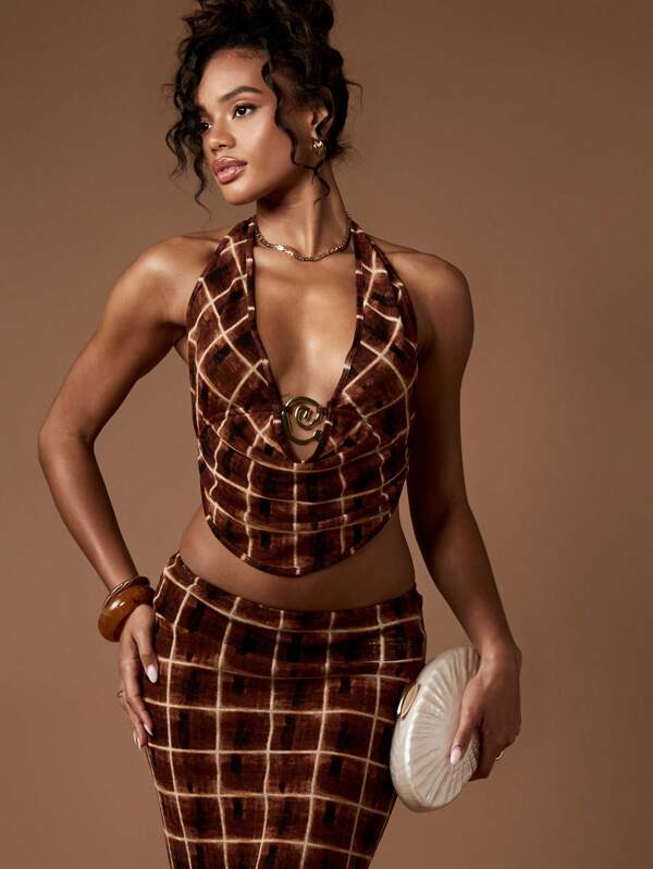 MISSGUIDED Plaid Halter Ring Detail Two-Piece Outfit Set