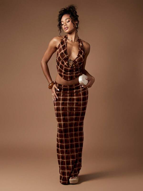 MISSGUIDED Plaid Halter Ring Detail Two-Piece Outfit Set