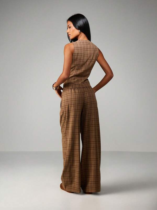 MISSGUIDED Plaid Vest With Palazzo Pants Set