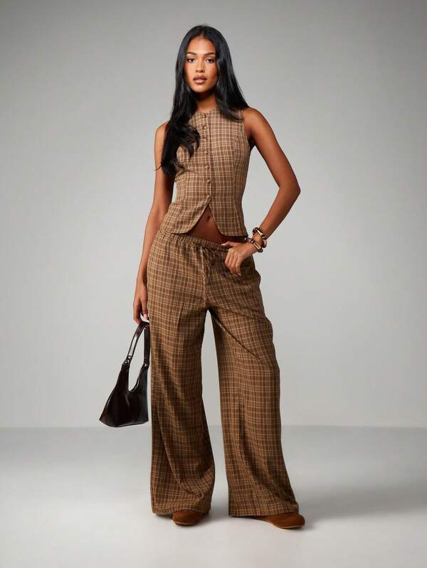 MISSGUIDED Plaid Vest With Palazzo Pants Set