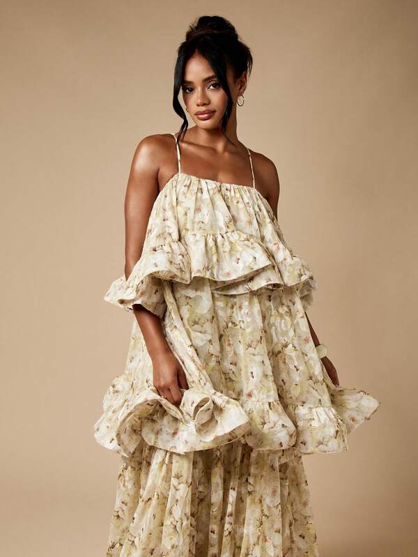 MISSGUIDED Pleated Flowy Chiffon Tiered Ruffle Maxi Dress Is Floor Length