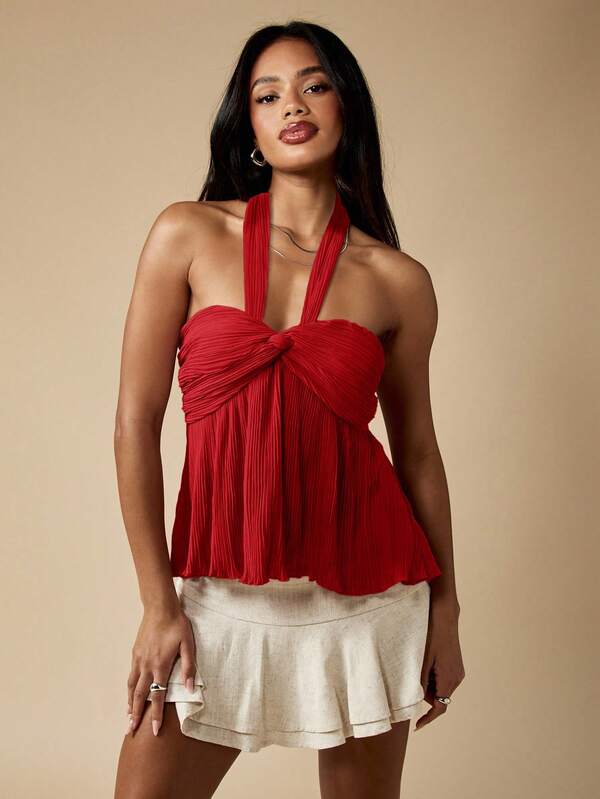 MISSGUIDED Pleated Halter Neck Empire Waist Babydoll Top