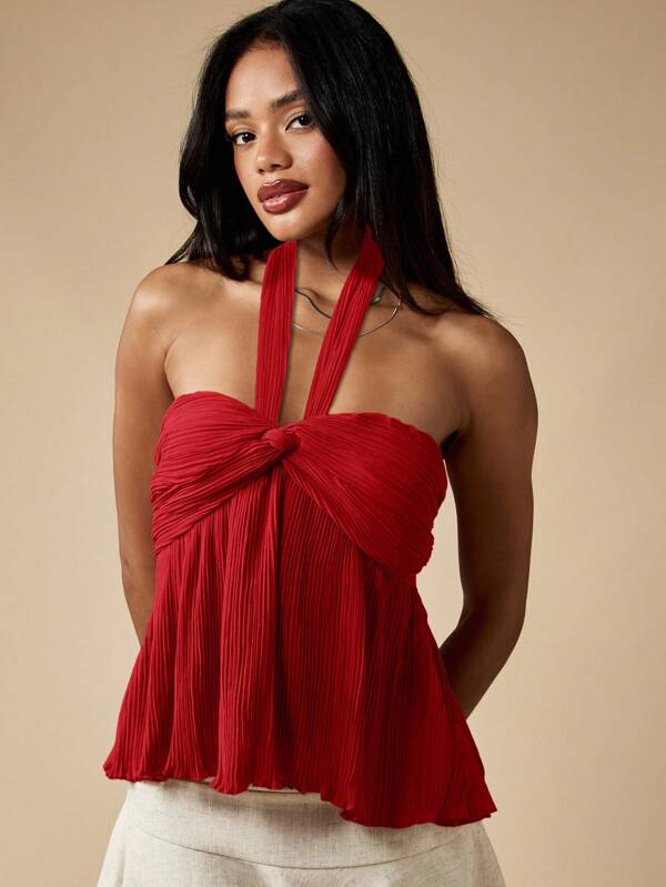 MISSGUIDED Pleated Halter Neck Empire Waist Babydoll Top