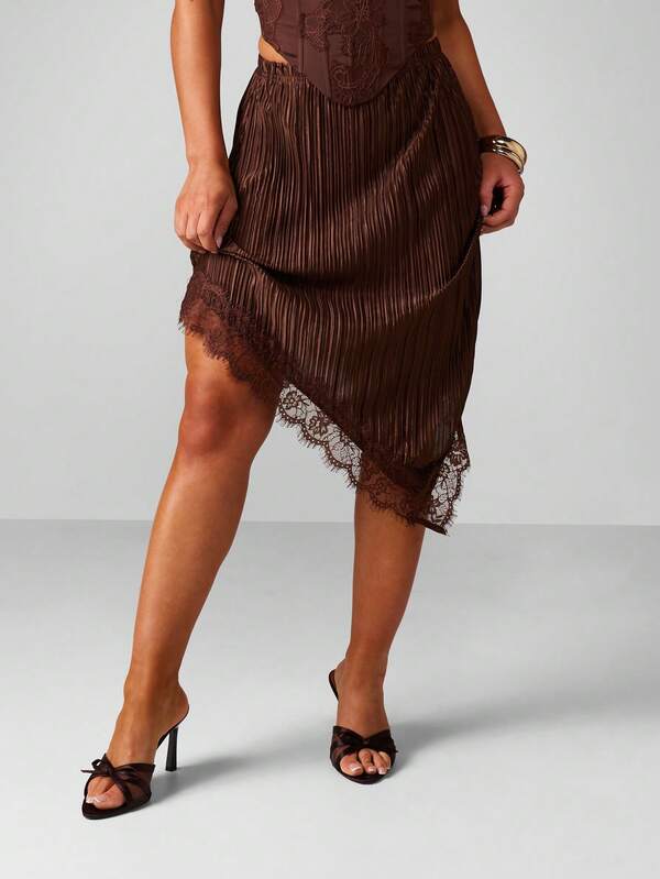 MISSGUIDED Pleated Midi Skirt With Lace Trim