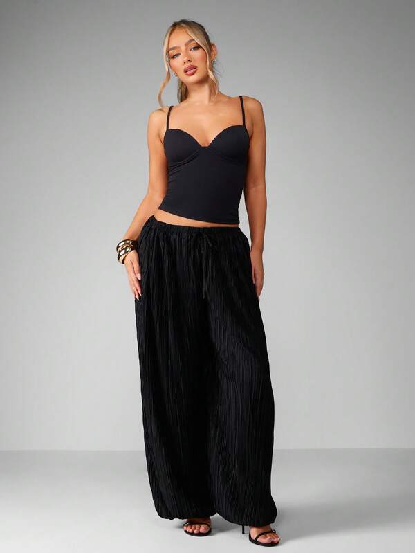MISSGUIDED Pleated Wide Leg Palazzo Pants With Drawstring
