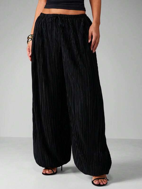 MISSGUIDED Pleated Wide Leg Palazzo Pants With Drawstring