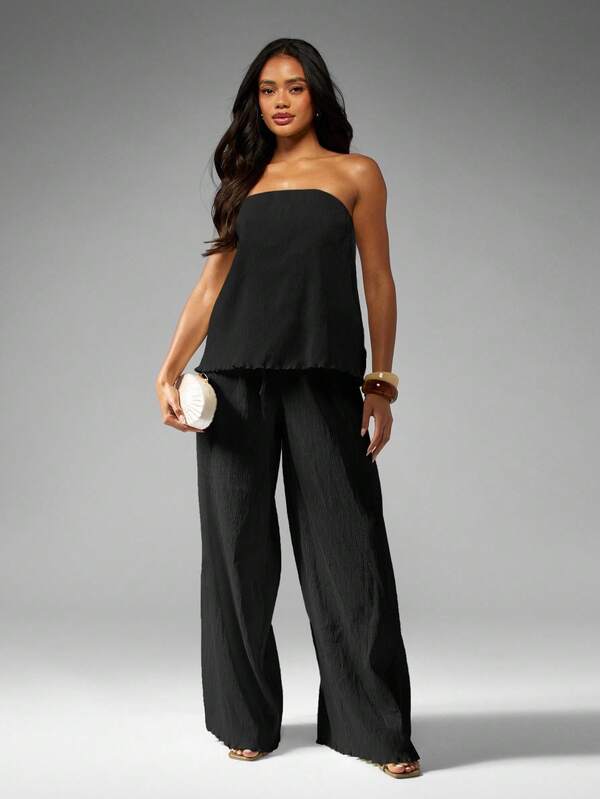MISSGUIDED Plisse Bandeau Top With Wide Leg Palazzo Pants