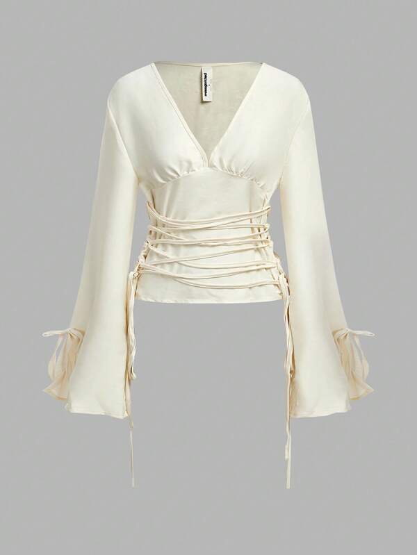MISSGUIDED Plunge Neck Bell Sleeve Lace Up Blouse