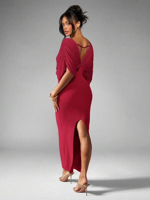 MISSGUIDED Plunge Neck Maxi Dress With Draped Sleeves And Side Slit