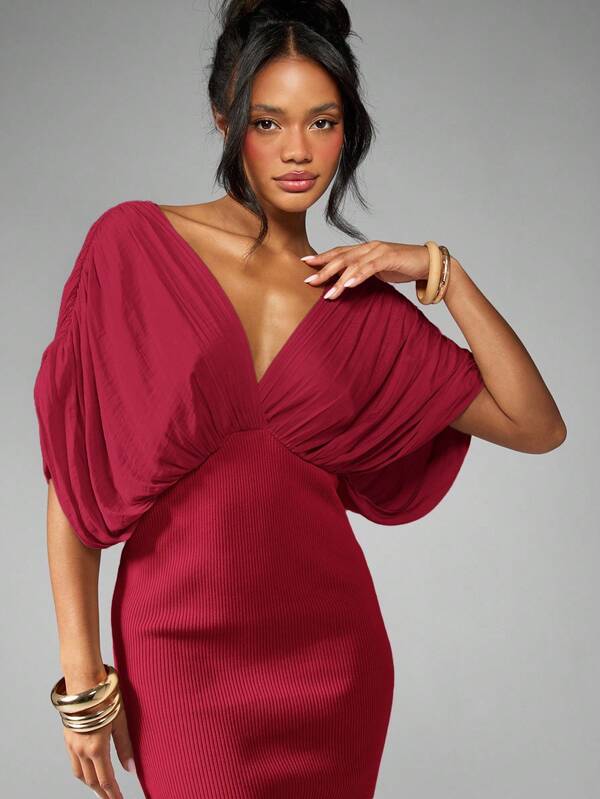 MISSGUIDED Plunge Neck Maxi Dress With Draped Sleeves And Side Slit