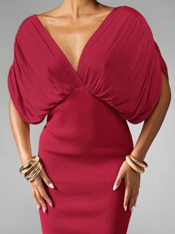 MISSGUIDED Plunge Neck Maxi Dress With Draped Sleeves And Side Slit