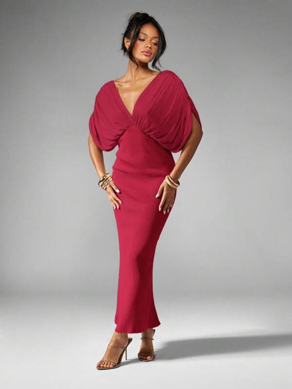 MISSGUIDED Plunge Neck Maxi Dress With Draped Sleeves And Side Slit