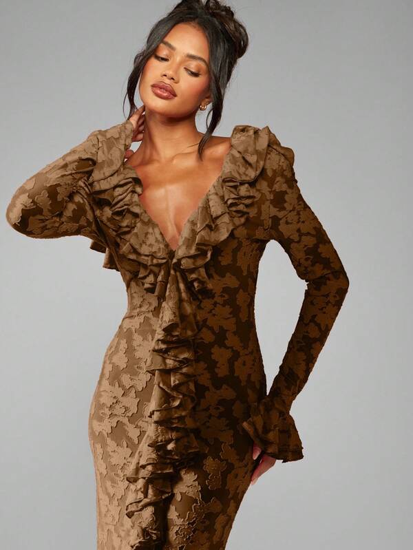 MISSGUIDED Plunge Neck Ruffle Long Sleeve Maxi Dress