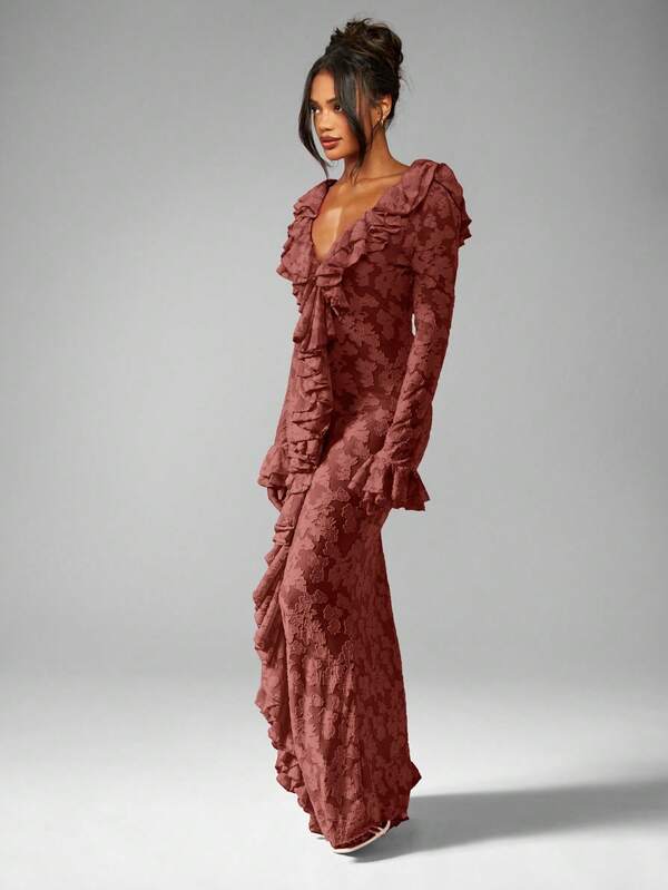 MISSGUIDED Plunge Neck Ruffle Maxi Dress With Bell Sleeves
