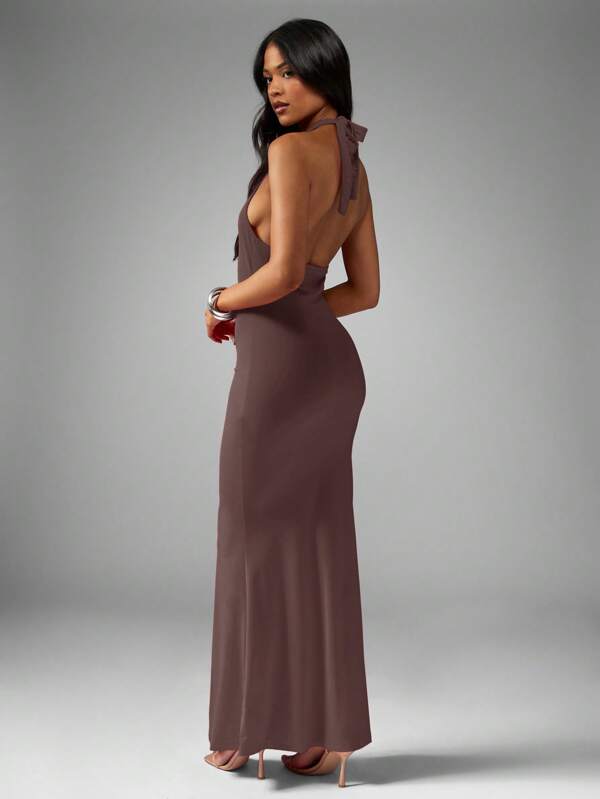 MISSGUIDED Plunge Tie Halterneck Slinky Fishtail Maxi Dress
