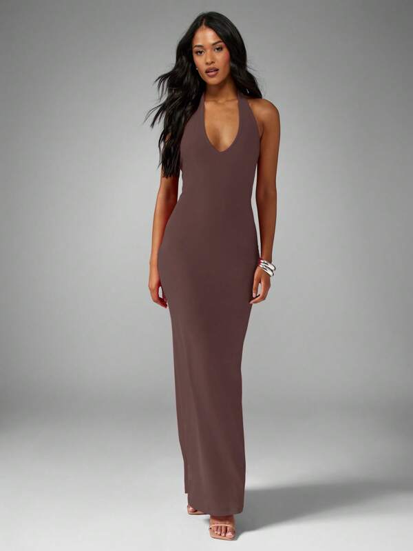 MISSGUIDED Plunge Tie Halterneck Slinky Fishtail Maxi Dress