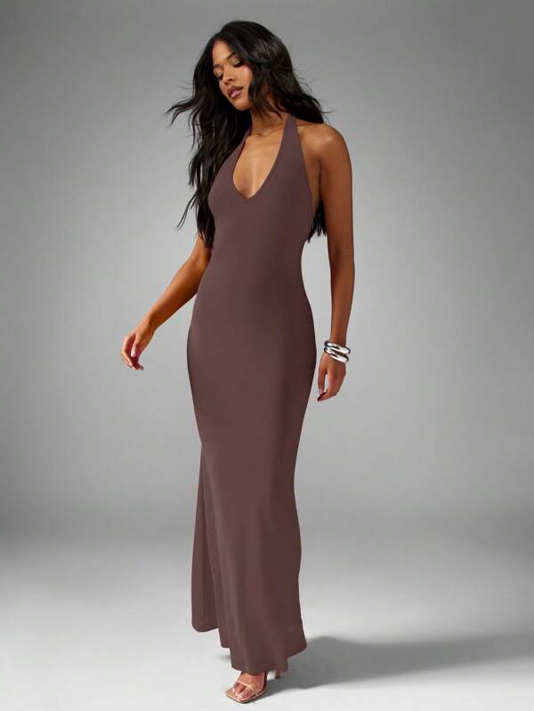 MISSGUIDED Plunge Tie Halterneck Slinky Fishtail Maxi Dress