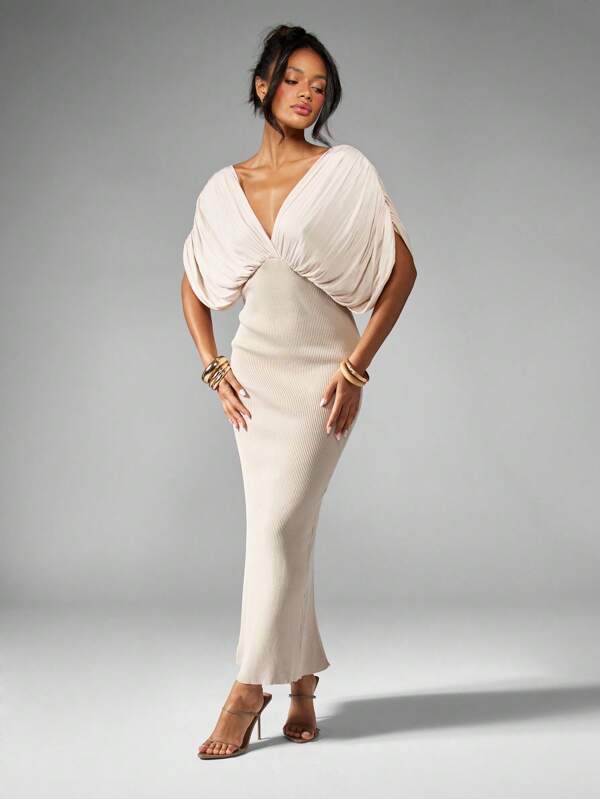 MISSGUIDED Plunging V-Neck Ribbed Knit Maxi Dress With Draped Dolman Sleeves