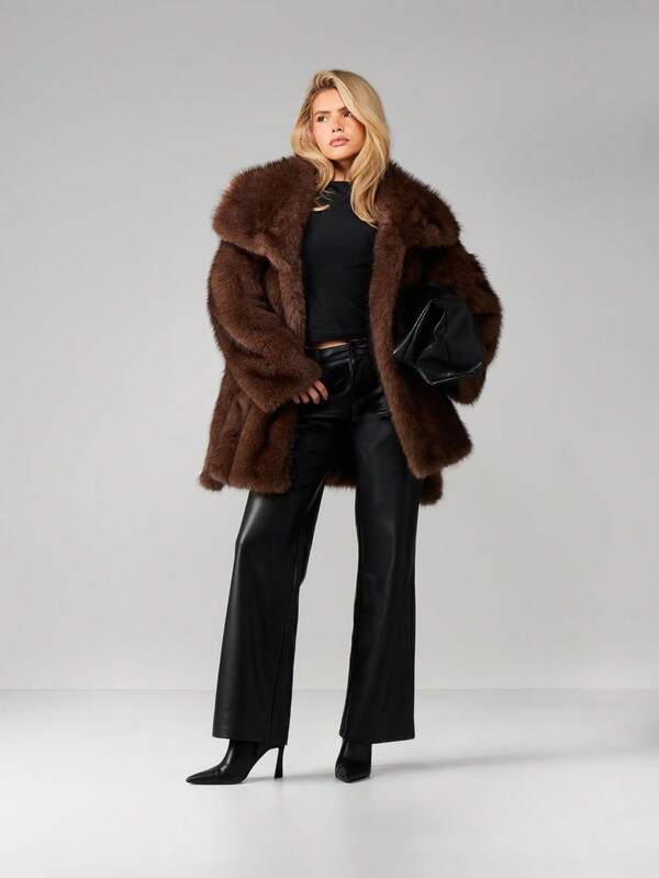 MISSGUIDED Plush Faux Fur Coat With Oversized Collar And Belt