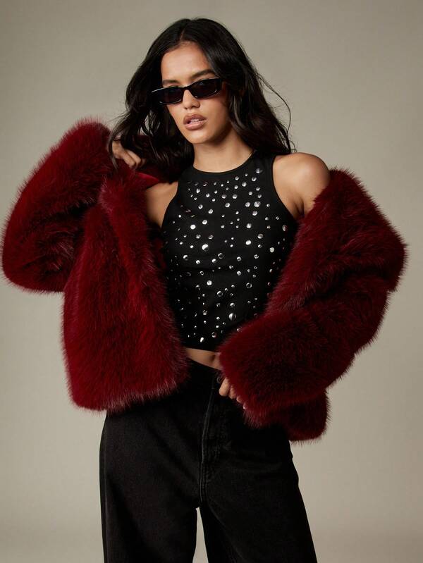 MISSGUIDED Plush Faux Fur Mid-Length Coat With Stand Collar