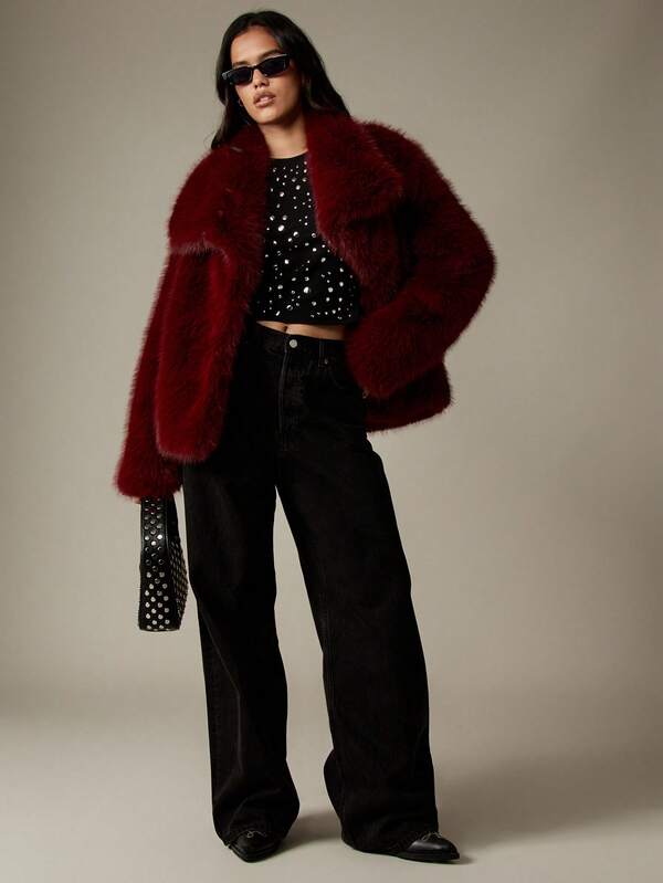 MISSGUIDED Plush Faux Fur Mid-Length Coat With Stand Collar