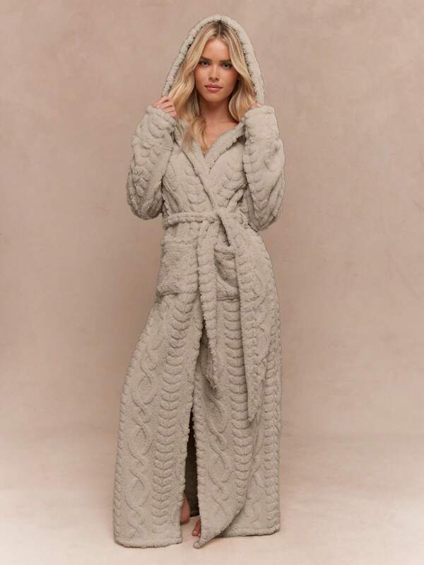 MISSGUIDED Plush Hooded Bathrobe With Cable Knit Texture