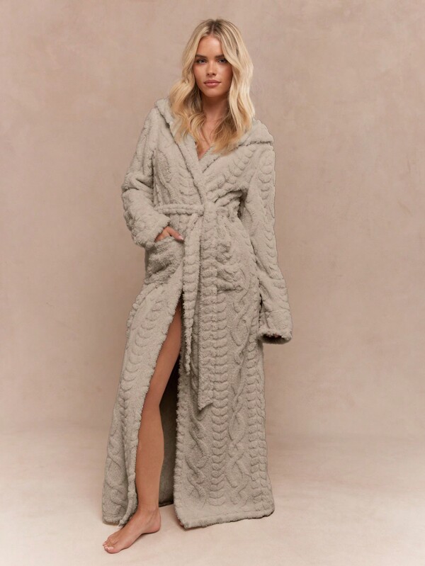 MISSGUIDED Plush Hooded Bathrobe With Cable Knit Texture