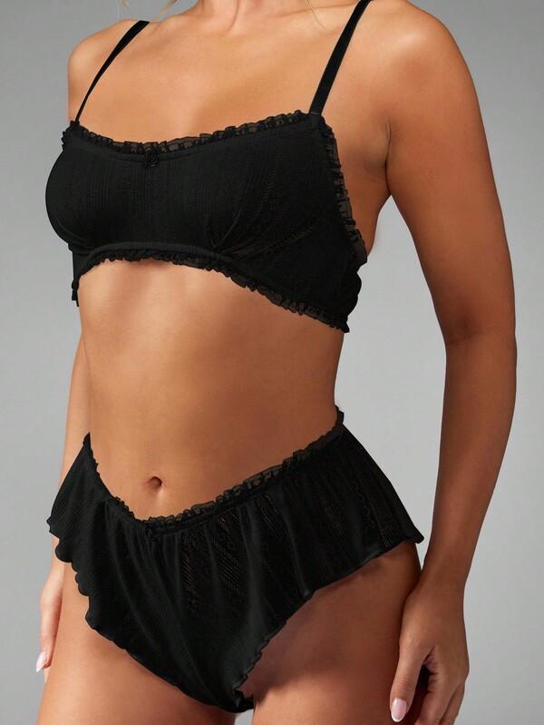 MISSGUIDED Pointelle Knit Bralette And High Waist Panty With Ruffle Trim