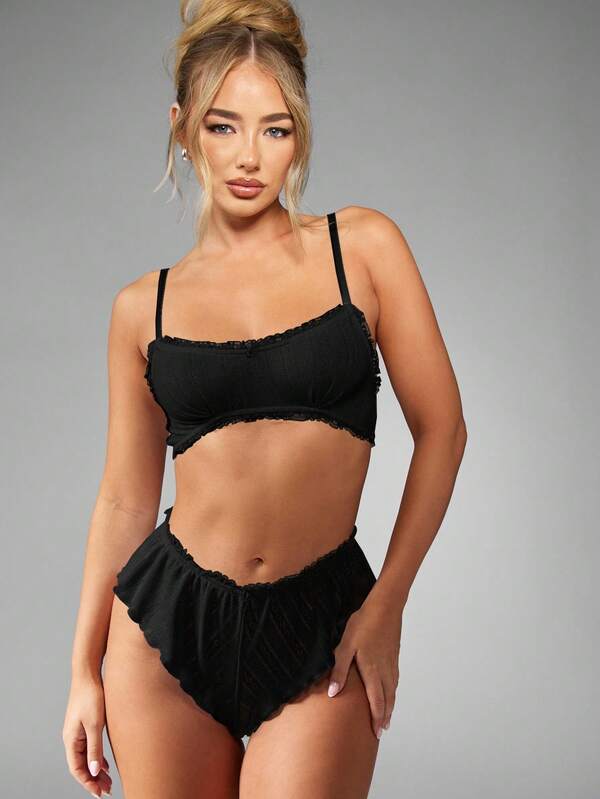 MISSGUIDED Pointelle Knit Bralette And High Waist Panty With Ruffle Trim