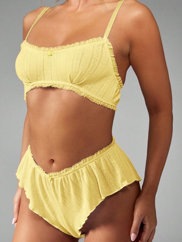 MISSGUIDED Pointelle Knit Bralette And Ruffle Trim Knicker Set