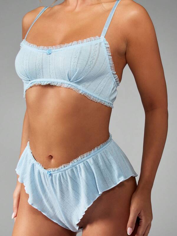 MISSGUIDED Pointelle Knit Ruffle Trim Lace Pattern Bra And Panty Set