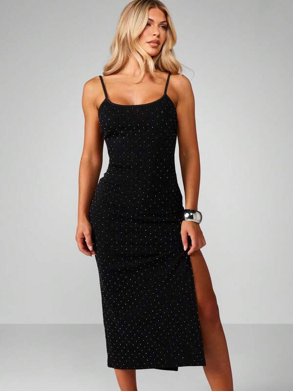 MISSGUIDED Polka Dot Bodycon Midi Dress With Side Slit
