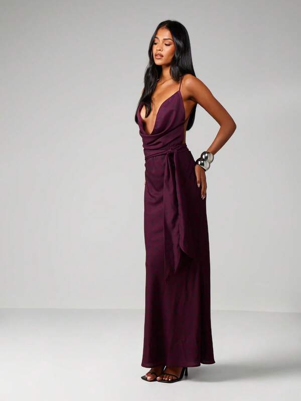 MISSGUIDED Polka Dot Cowl Neck Maxi With Waist Tie