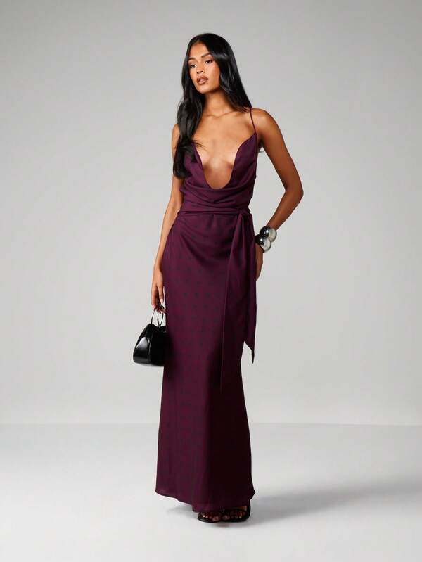 MISSGUIDED Polka Dot Cowl Neck Maxi With Waist Tie