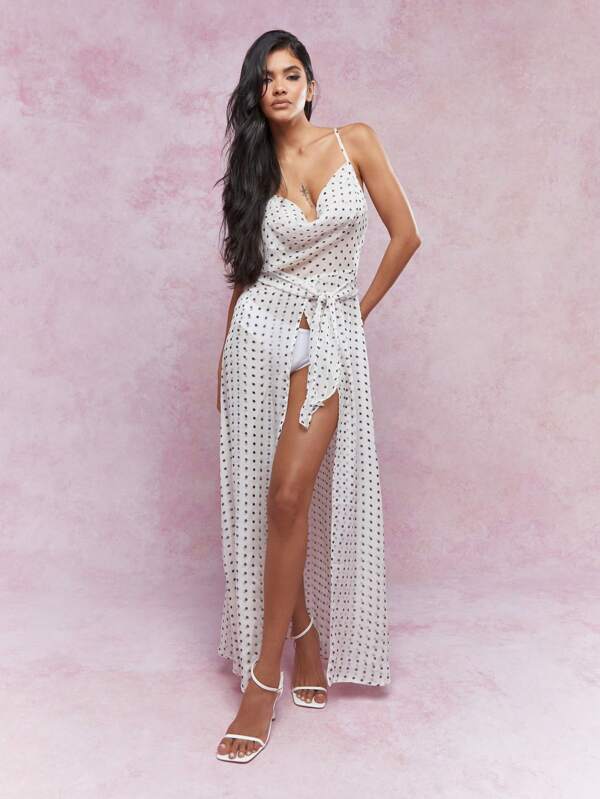 MISSGUIDED Polka Dot Cowl Neck Open Front Maxi Top With Tie Scarf