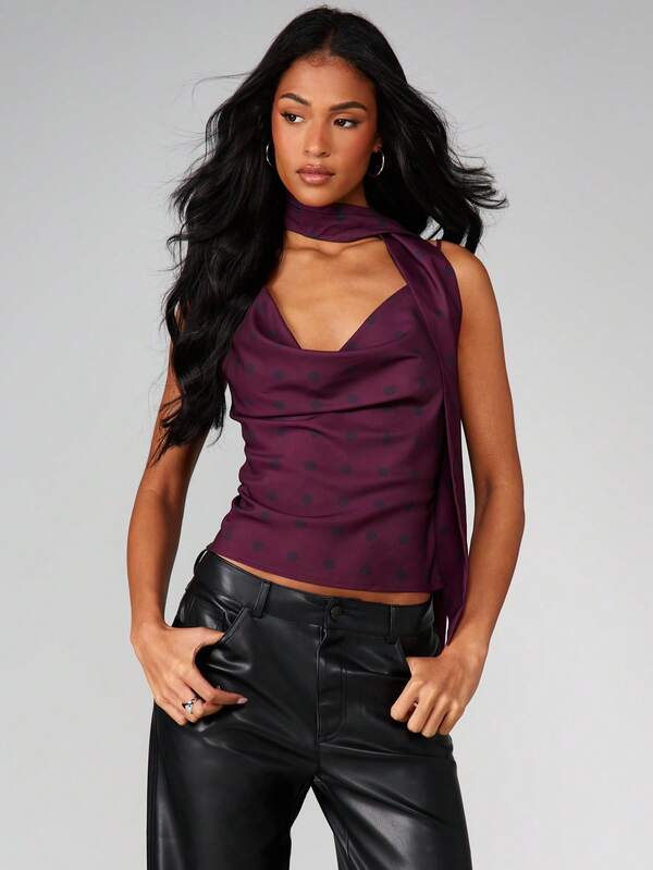 MISSGUIDED Polka Dot Cowl Neck Tank With Halter Scarf