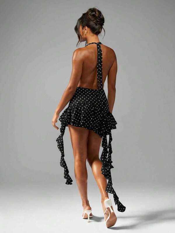 MISSGUIDED Polka Dot Halter Mini Dress With Ruffles