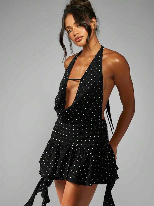 MISSGUIDED Polka Dot Halter Mini Dress With Ruffles
