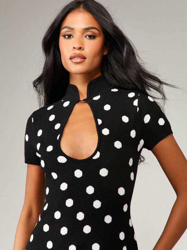 MISSGUIDED Polka Dot Knit Mini Dress With Keyhole Neckline