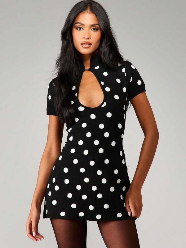 MISSGUIDED Polka Dot Knit Mini Dress With Keyhole Neckline