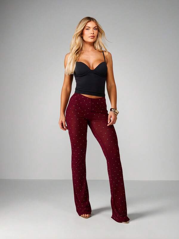 MISSGUIDED Polka Dot Mesh Flare Pants With Bell Bottom