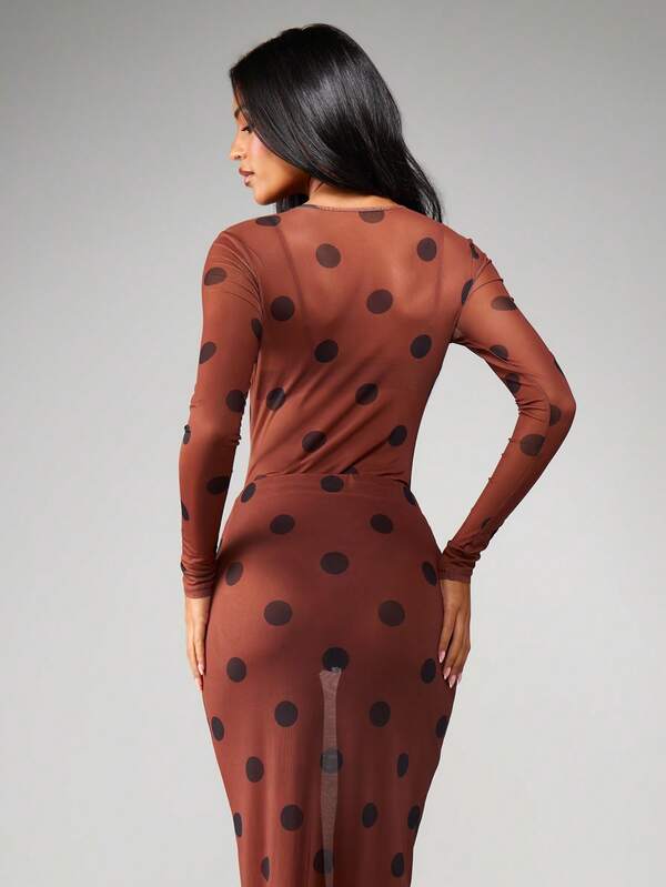 MISSGUIDED Polka Dot Mesh Long Sleeve Bodysuit