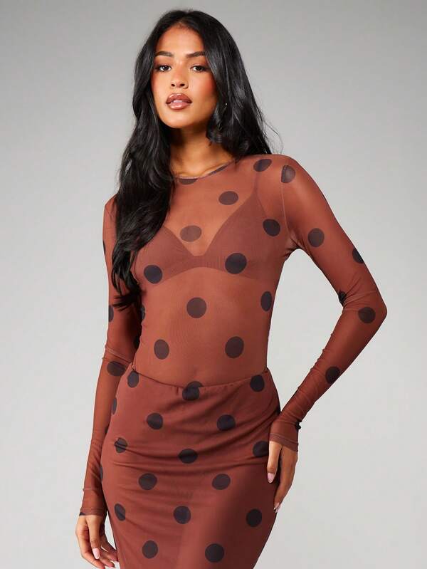 MISSGUIDED Polka Dot Mesh Long Sleeve Bodysuit
