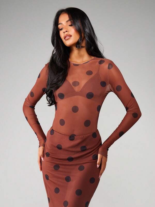 MISSGUIDED Polka Dot Mesh Long Sleeve Bodysuit