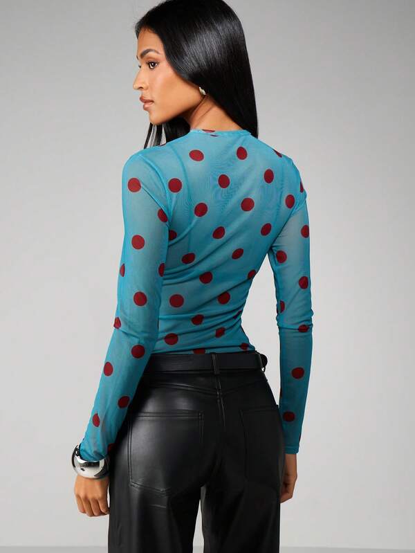 MISSGUIDED Polka Dot Mesh Long Sleeve Top