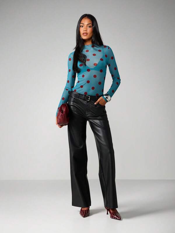 MISSGUIDED Polka Dot Mesh Long Sleeve Top