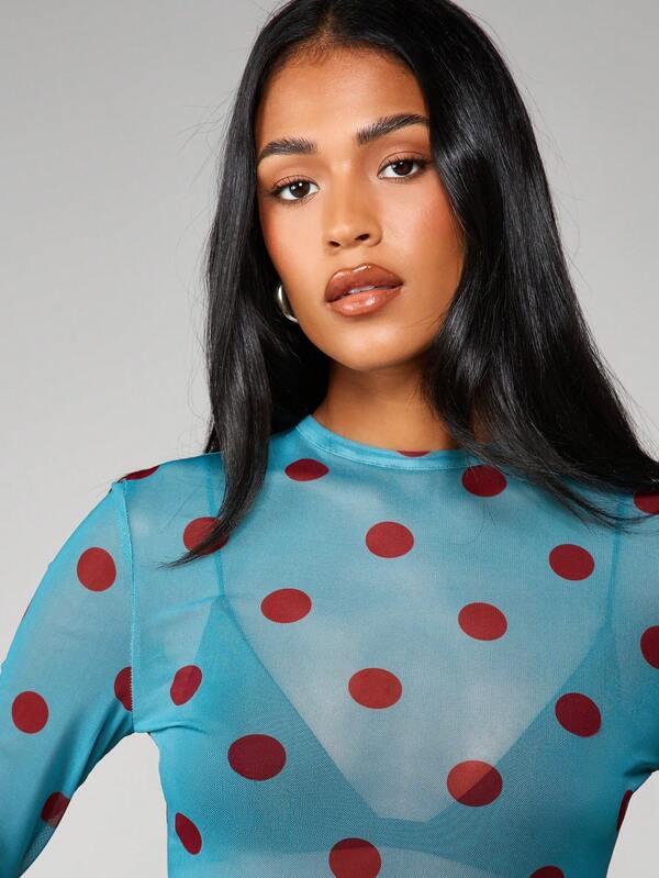 MISSGUIDED Polka Dot Mesh Long Sleeve Top