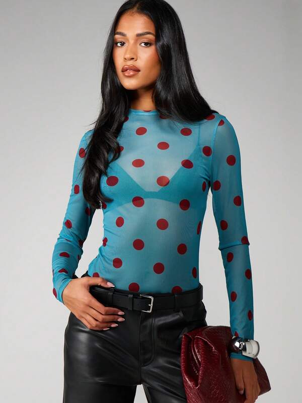 MISSGUIDED Polka Dot Mesh Long Sleeve Top